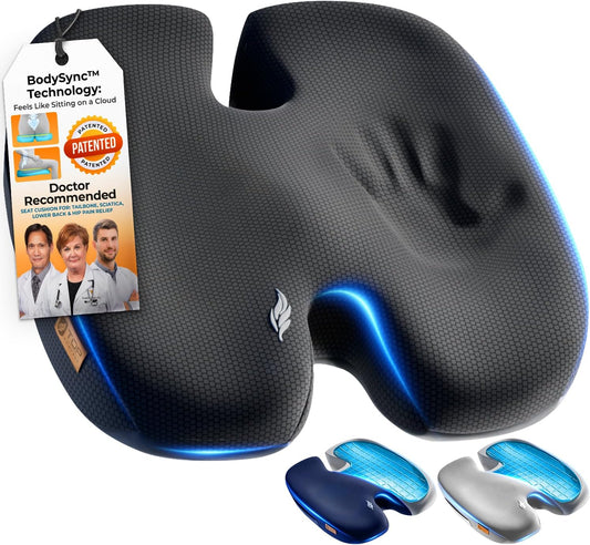 Seat Cushion, BodySync™ Technology with Non-Slip Gel & Memory Foam for Tailbone, Sciatica & Back Pain Relief, Office Chair Cushion, Car Seat Cushions for Driving (Black)