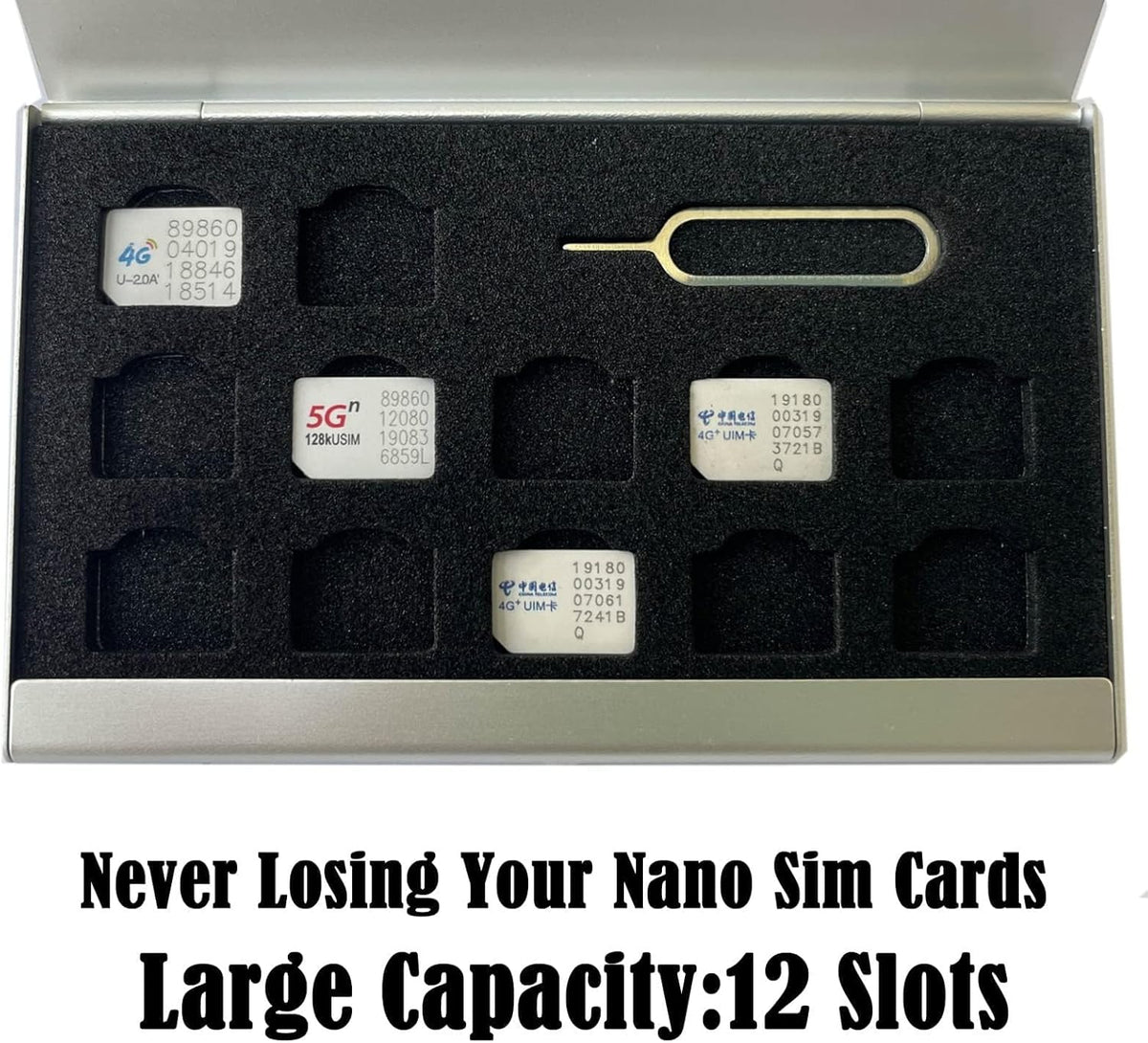 Aluminum SIM Card Case, 12 Slots Ultrathin Nano SIM Card Holder with SIM Card Adapter Kit for Travelers or Holiday Trip (Silver)