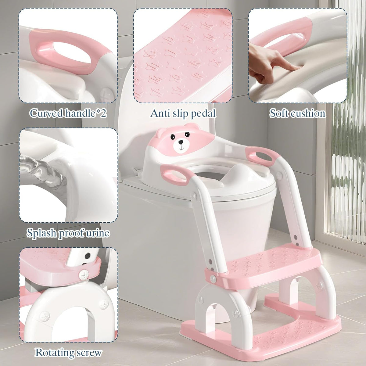 Potty Training Seat for Toddlers, Adjustable Height 2-in-1 Potty Training Toilet Ladder for Kids Boys Girls with Splash Guard, Waterproof Cushion, Anti-Slip Pad Step Stoo - Pink