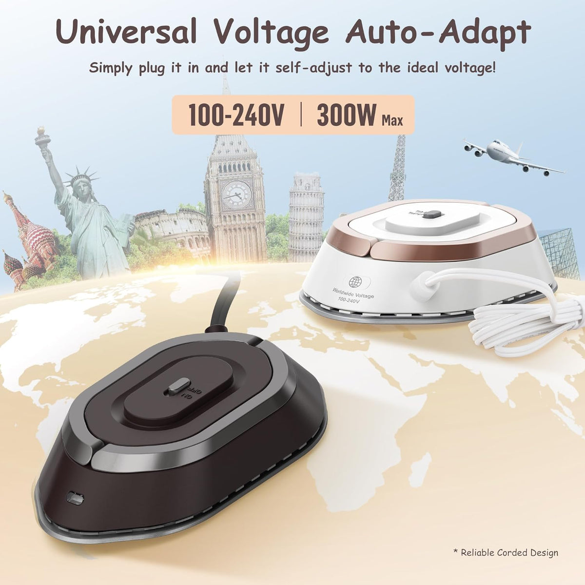 Newbealer Travel Iron with Global Voltage, 100-240V Mini Dry Iron for Clothes (No Steam), Max 300W, 60s Heat Up, 302℉ Non-Stick Ceramic Soleplate, 0.8lbs Ultra-Lightweight (Brown)