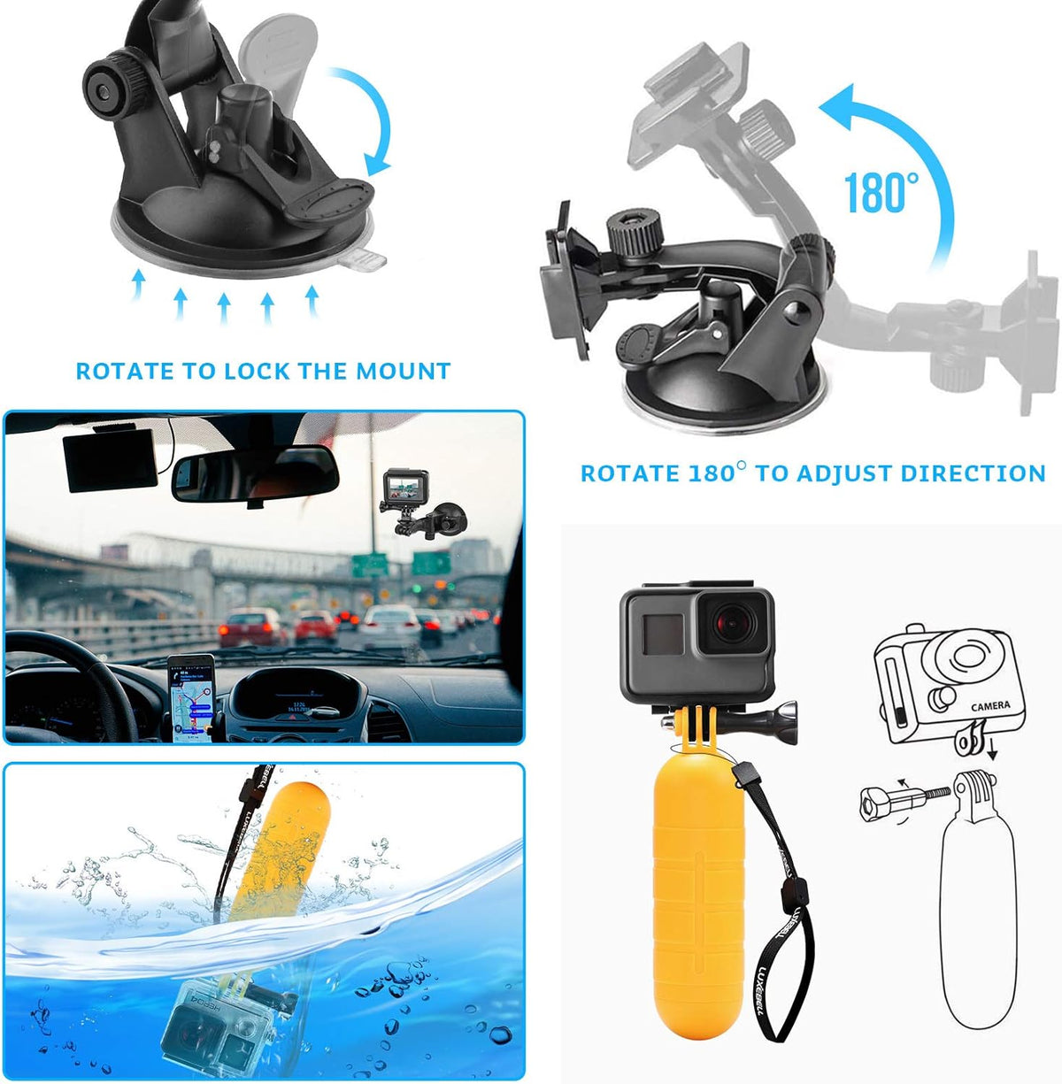 Luxebell Action Camera Accessory Kit for GoPro Hero Black Silver 13 12 11 10 9 8 7 6 5 4 Session Max Akaso Xiaomi Accessories Tripod Head Chest Bike Mount Carrying Case