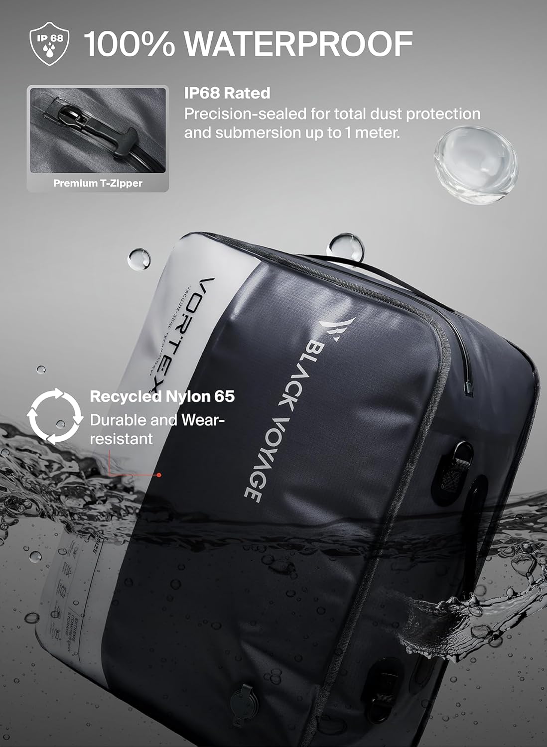 Black Voyage Reusable Vacuum Compression Travel Bag for Carry-On Suitcase and Backpack, Recycled IP67 Waterproof Space Saver Vacpack (2-Pack, 41L - Pump Included)