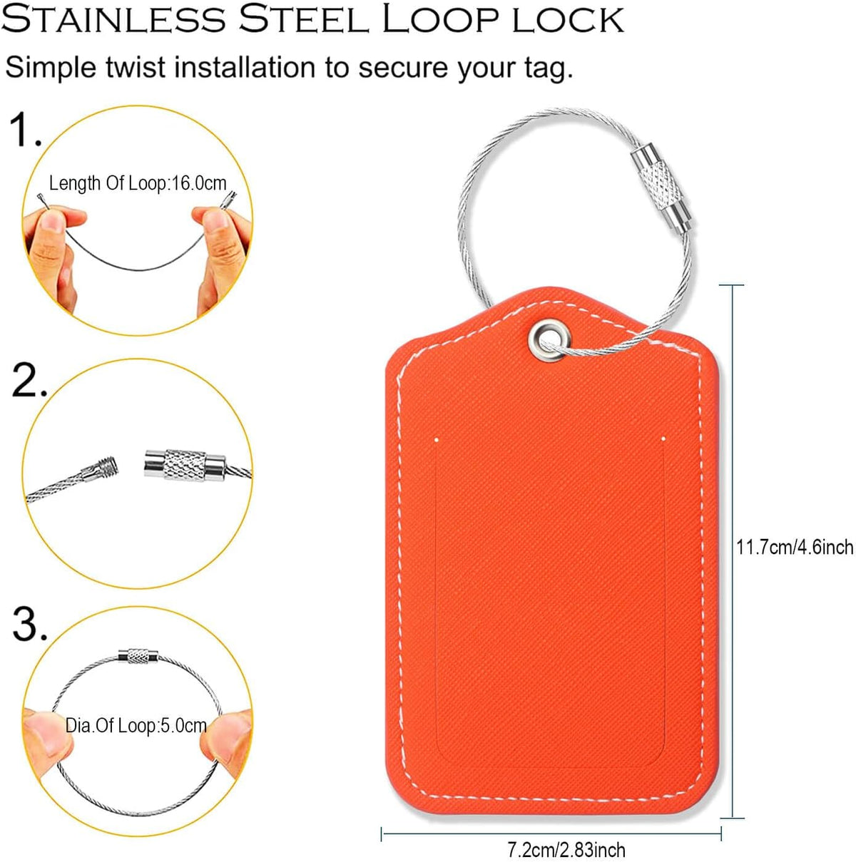 Luggage Tags for Suitcases-Leather Luggage Tag 4 Pack with Loops Cute Bag/Backpack/Suitcase Tags Travel Essentials for Flying (Orange)