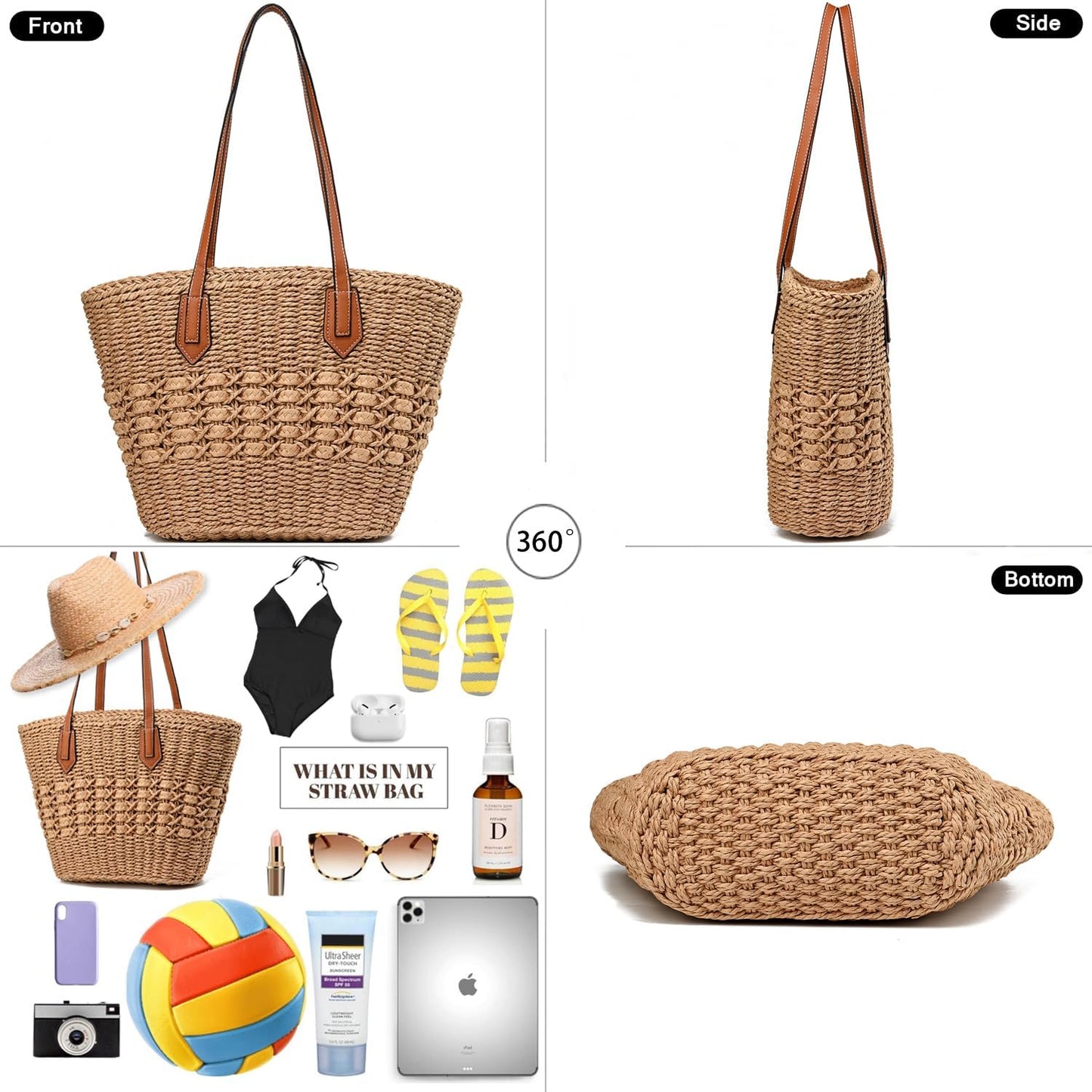 Straw Beach Bags for Women Woven Beach Tote Bag Casual Boho Large Shoulder Handbags Purse for Vacation Holiday