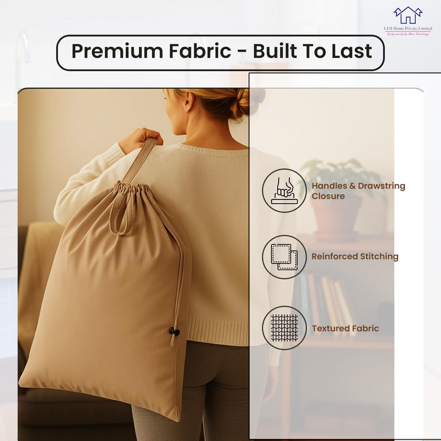 LFH Home Cotton Canvas Large Laundry Bag with Handle, Heavy Duty Drawstring Closure Washable Laundry Bags, School Travel, Home, Hotel, College Dorm, Organizer Sack, Toys Clothes 28x36-Beige