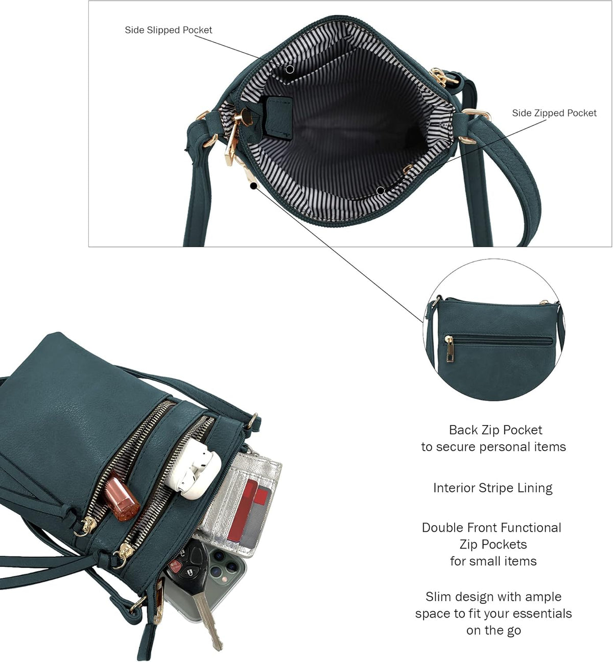 DELUXITY | Crossbody Purse Bag | Functional Multi Pocket Double Zipper Purse | Adjustable Strap | Medium Size Purse |GN