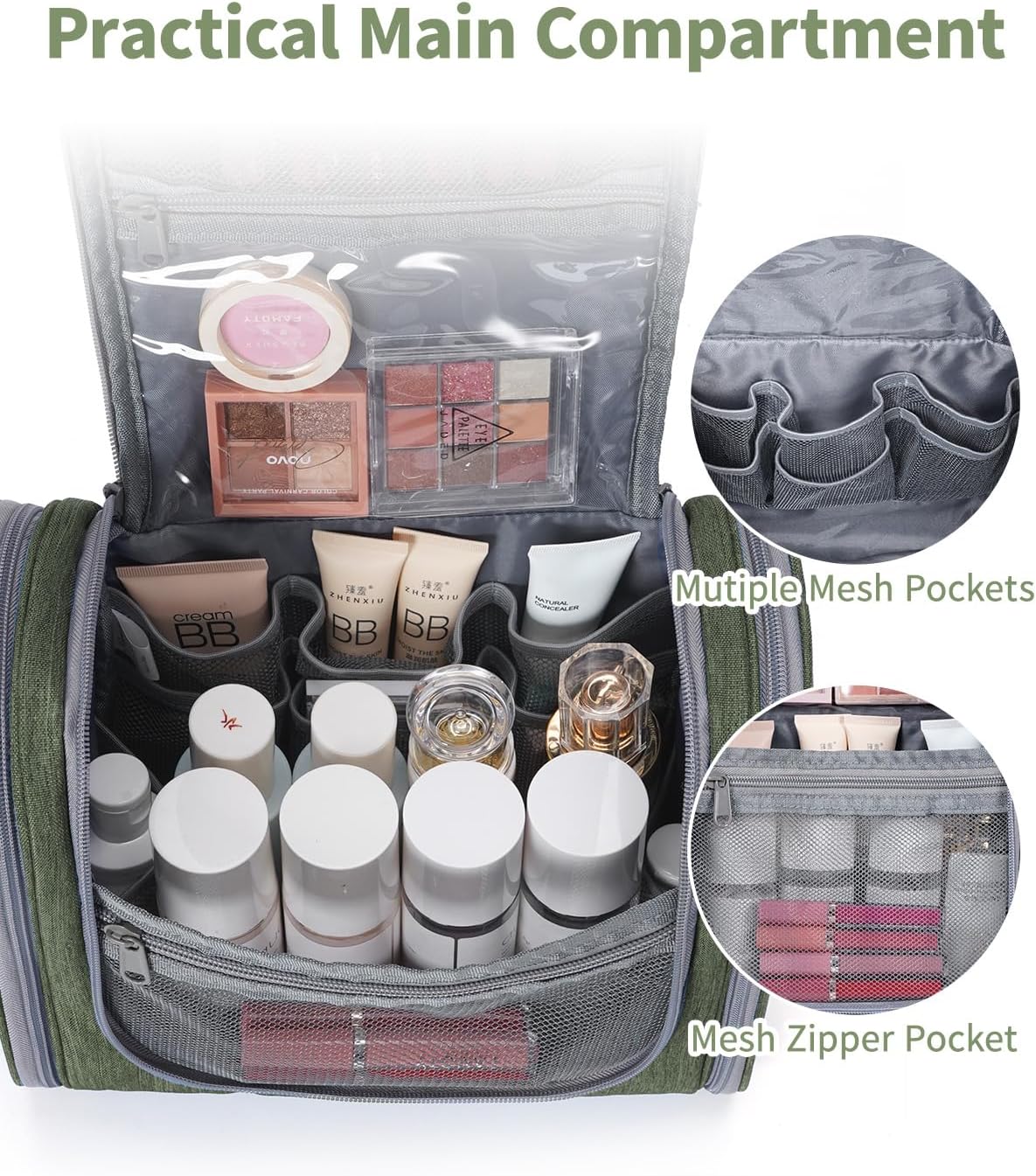 Narwey Hanging Toiletry Bag for Women Travel Makeup Bag Organizer Toiletries Bag Men for Cosmetics Essentials Accessories (Large, Army Green)