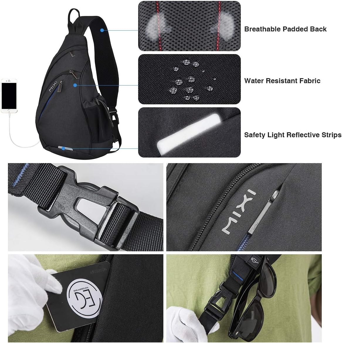 mixi Sling Bag Men Backpack Unisex One Shoulder Bag Hiking Travel Backpack Crossbody with USB Port for Men Women Versatile Casual Daypack-19 inch,Black