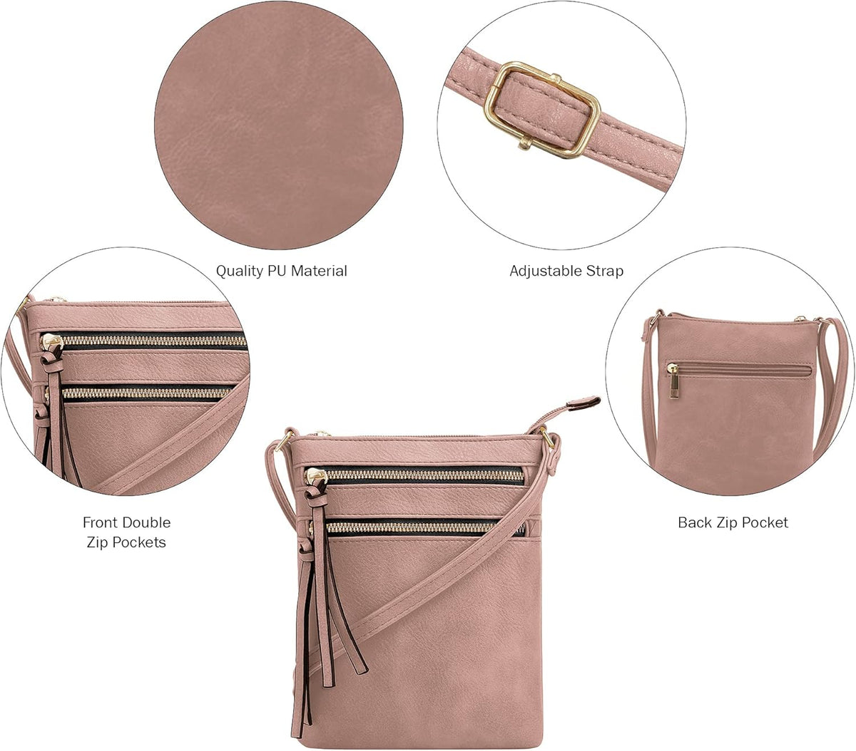 DELUXITY | Crossbody Purse Bag | Functional Multi Pocket Double Zipper Purse | Adjustable Strap | Medium Size Purse |Mauve