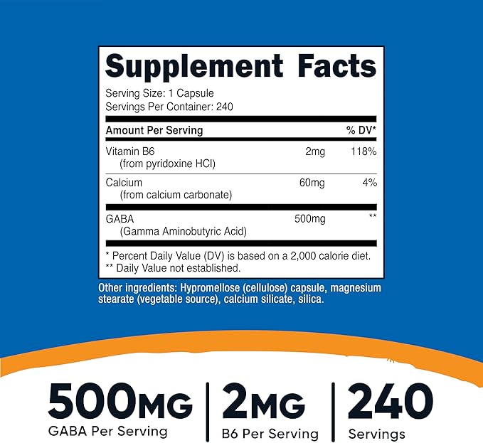 Nutricost GABA (Gamma Aminobutyric Acid) + Vitamin B6, 500mg per Serving, 240 Capsules