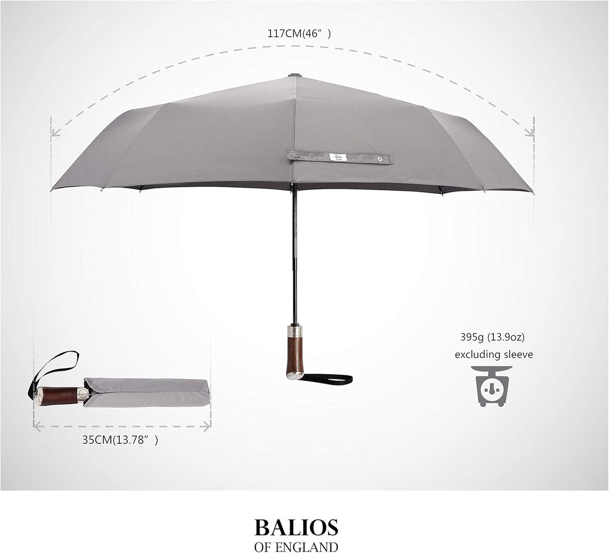 Balios (Designed in UK) Travel Umbrella Luxurious Golden Hardwood Handle Auto Open & Close Windproof Frame Single Canopy Automatic Folding Umbrella Men's & Ladies