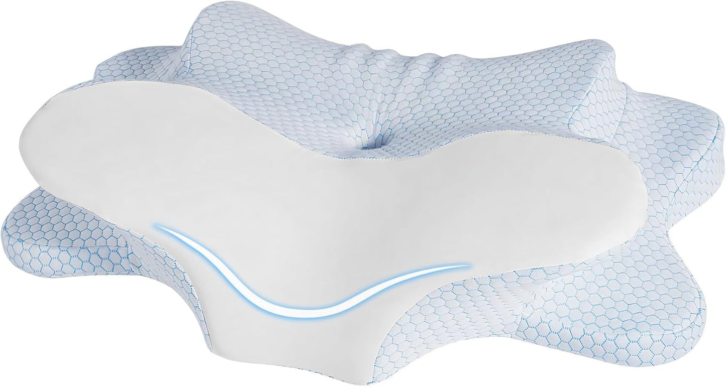 Cervical Neck Pillow - Memory Foam Pillow for Pain Relief Sleeping, Ergonomic Neck Support Contour Pillows for Side Back Stomach Sleepers,Orthopedic Breathable Pillowcase (Blue White)