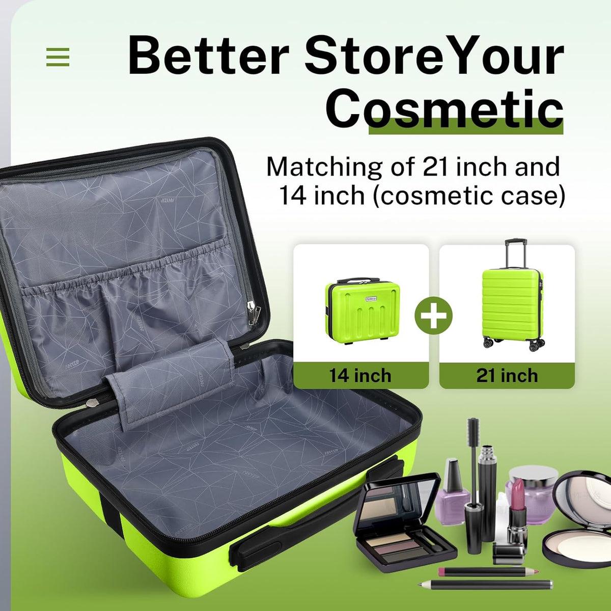 AnyZip 21" Carry On Luggage and 14" Mini Cosmetic Cases Luggage Set Hardside PC ABS Lightweight USB Suitcase with Wheels TSA (2-Piece Set (14/21),AppleGreen)