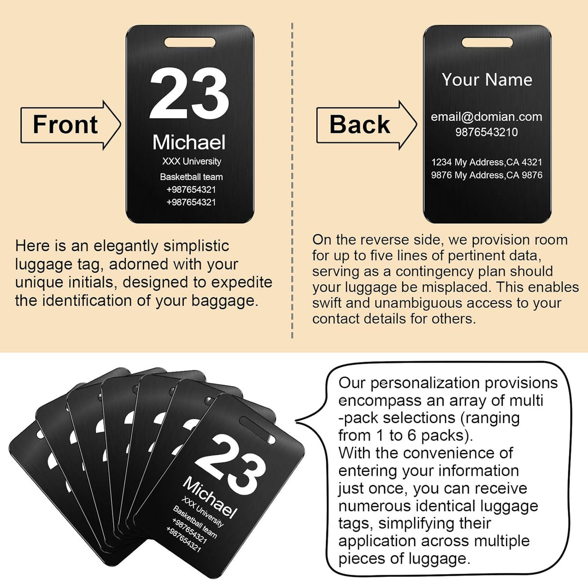 Customized Stainless Steel Luggage Tags: Personalize Your Suitcases, Backpacks, and Bags with Your Text - Custom Initial Text Name ID,Number 2"x3.3"