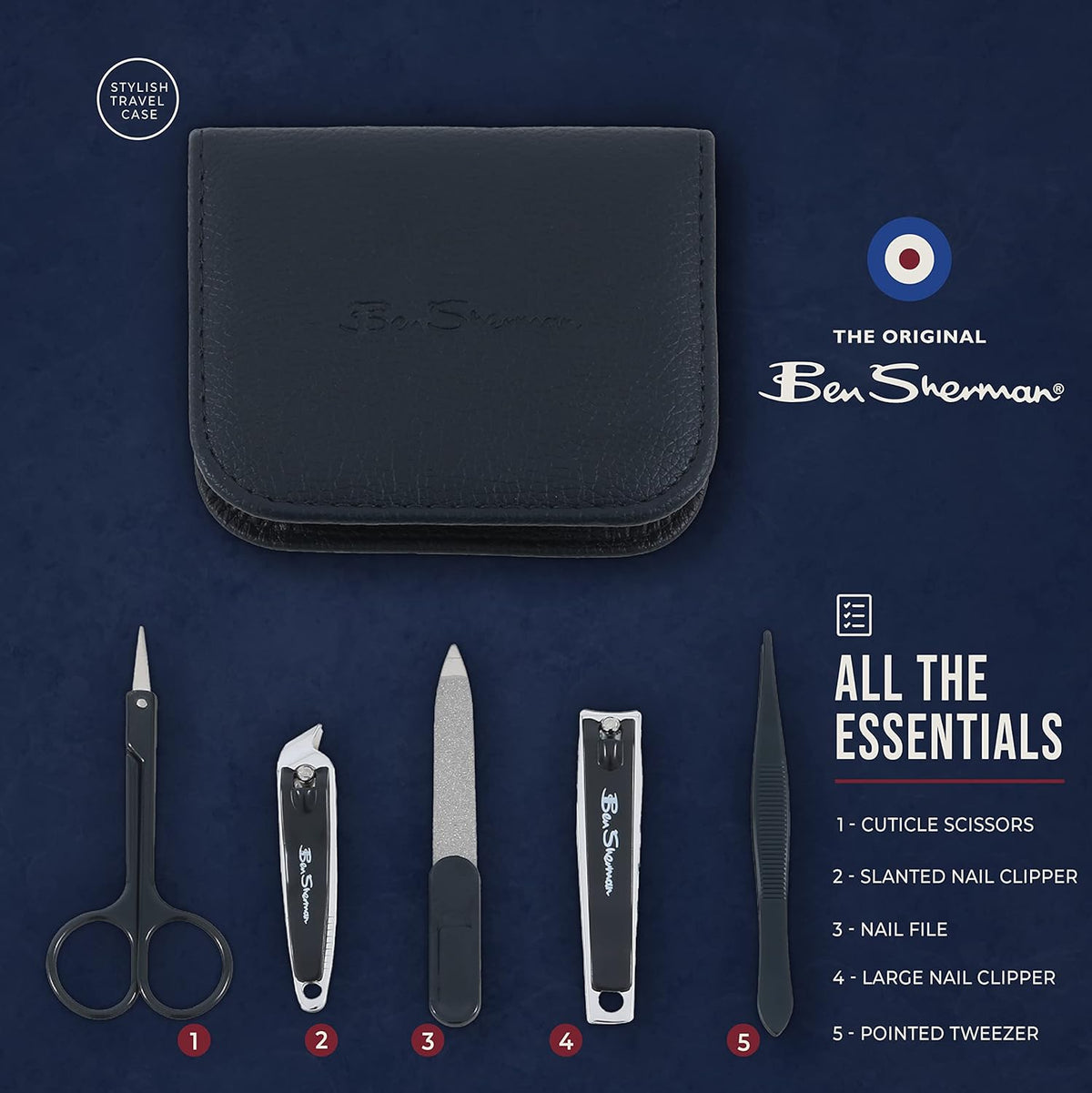 Ben Sherman Nail Clippers for Men Travel Size Nail Clipper Set, 5 Pcs Mens Nail Grooming Kit includes Nail Clippers, Scissors, Tweezers and Leather Traveling Case