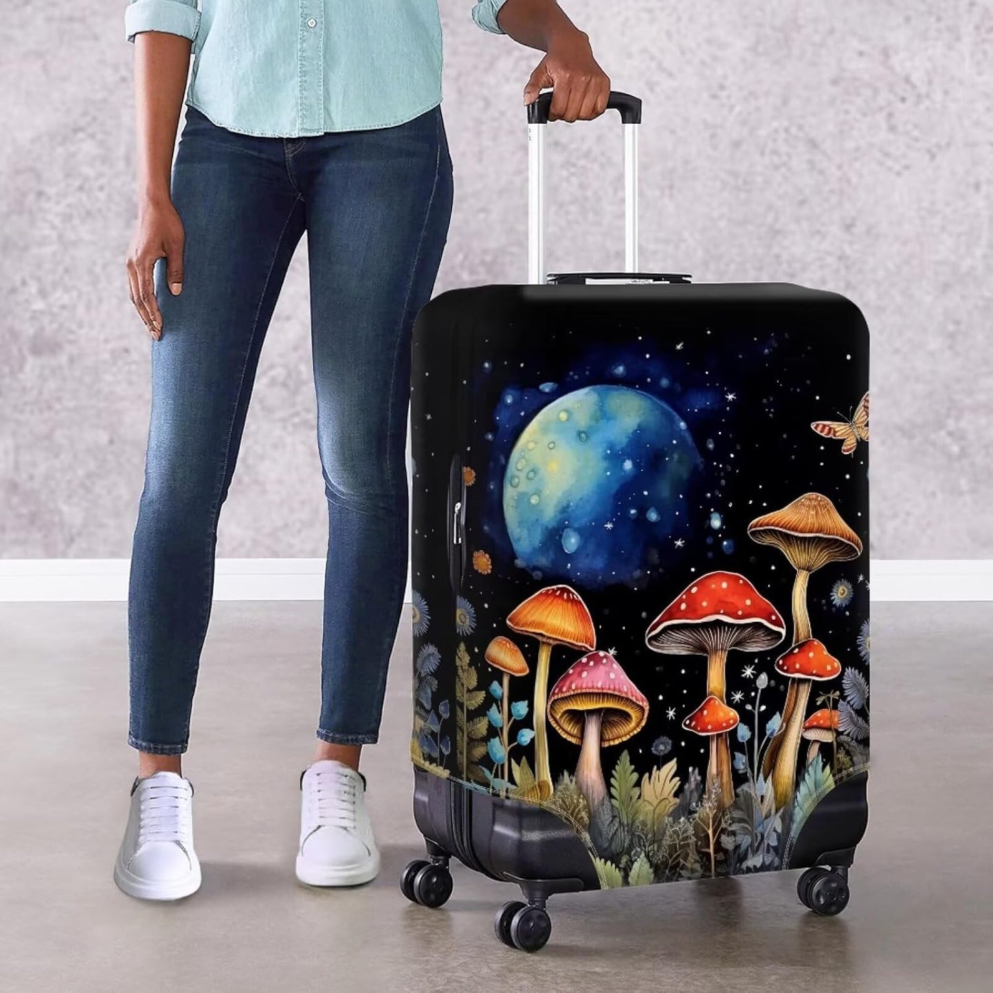 Butterfly Mushroom Print Travel Suitcase Cover Protector Elastic Zipper Closure Fit 22-25 Inch Luggage
