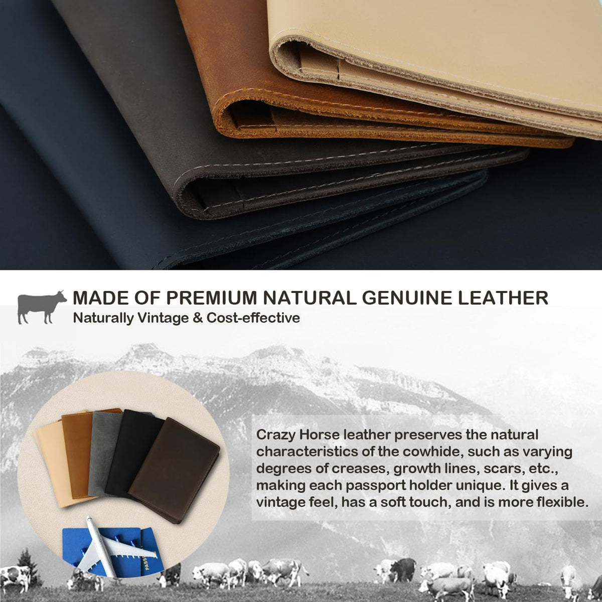 Real Leather Passport Holder for Men and Women, Handmade Wallet Cover Case, Travel Must-Haves Essentials Accessories, Birthday Gifts (Crazy Horse, Beige)