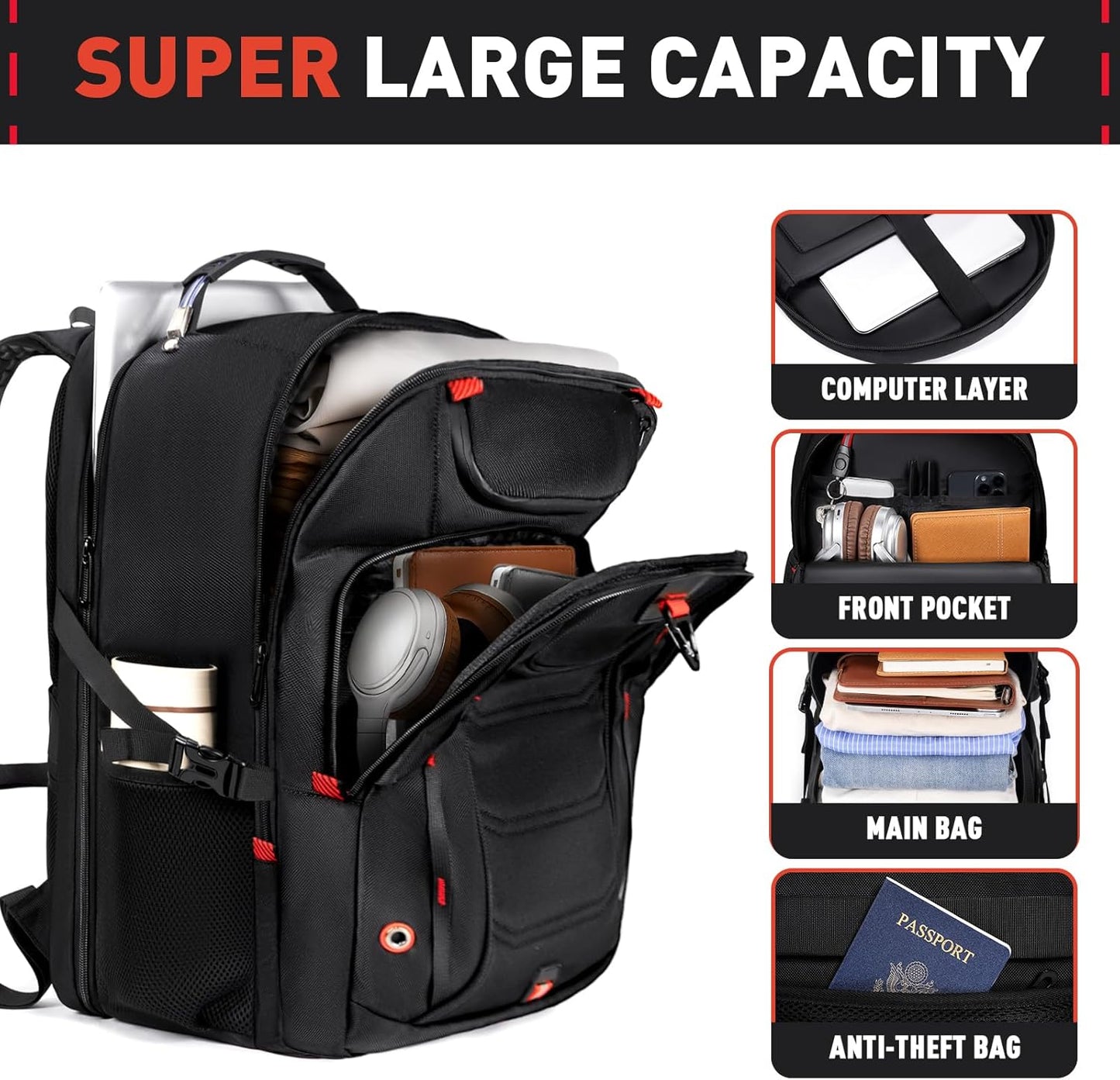 Z-MGKISS 55L Extra Large Travel Backpack, 18.4 Inch Laptop Backpack for Men, Water Resistant, TSA Flight Approved, Business Work Bag with USB Charging Port, Black