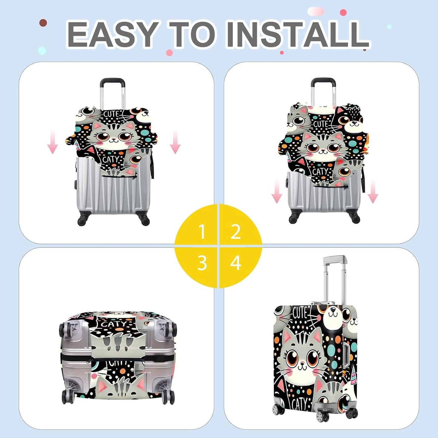 ANNA QUEEN Cute Cat Luggage Cover, Kawaii Cartoon Kitty Suitcase Protector with Colorful Polka Dot Design, Stretchable, Washable Travel Cover for 32-34 Inch Luggage