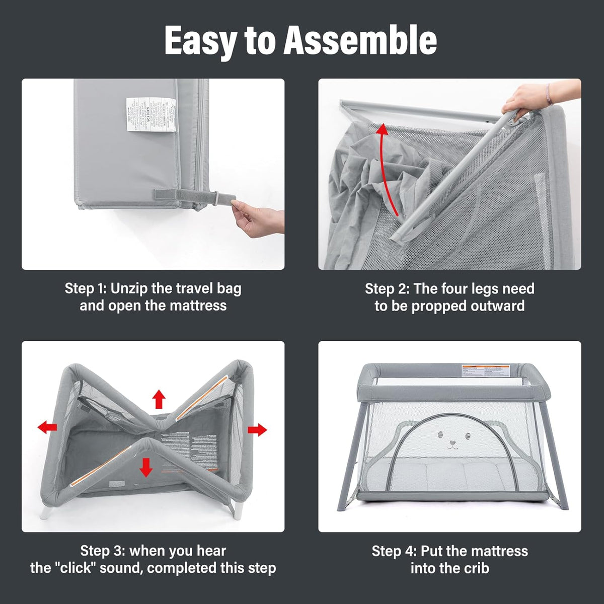 Travel Crib,Portable Crib for Baby, Pack and Play for Babies and Toddler, Lightweight Backpack Design,Foldable Travel Baby Playpen with Mattress(Light Grey)