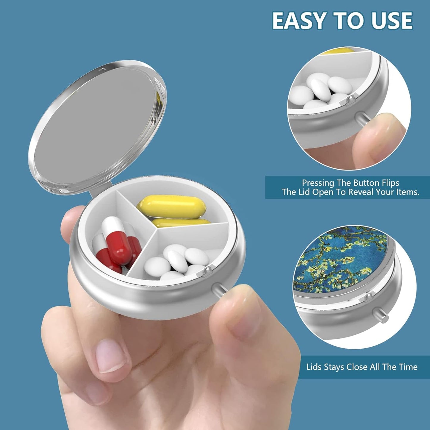 Pill Box 3 Compartment Small Pill Case,Portable for Pocket or Purse Pill Organizer Pill Container Holder to Hold Vitamins, Medication, Fish Oil and Supplements(Almond Blossom)