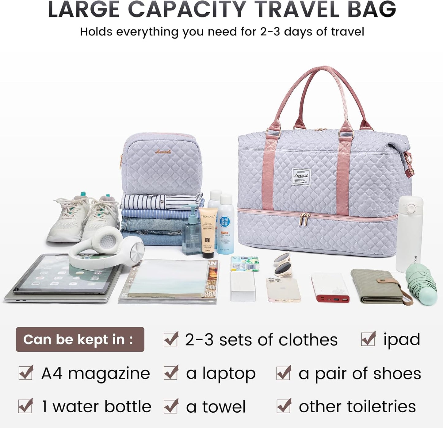 LOVEVOOK Travel Duffle Bag,Weekender Bags for Women with Shoe Compartment，Carry on Overnight Bag with Toiletry Bag,Gym Duffel Bag with Wet Pocket, Hospital Bags for Labor and Delivery