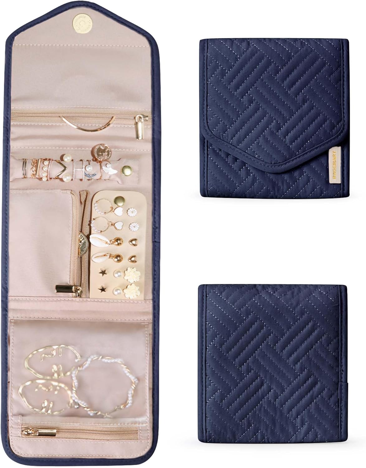 BAGSMART Travel Jewelry Organizer Case Foldable Jewelry Roll for Journey Rings, Necklaces, Earrings, Bracelets,Mini,Smokey Blue
