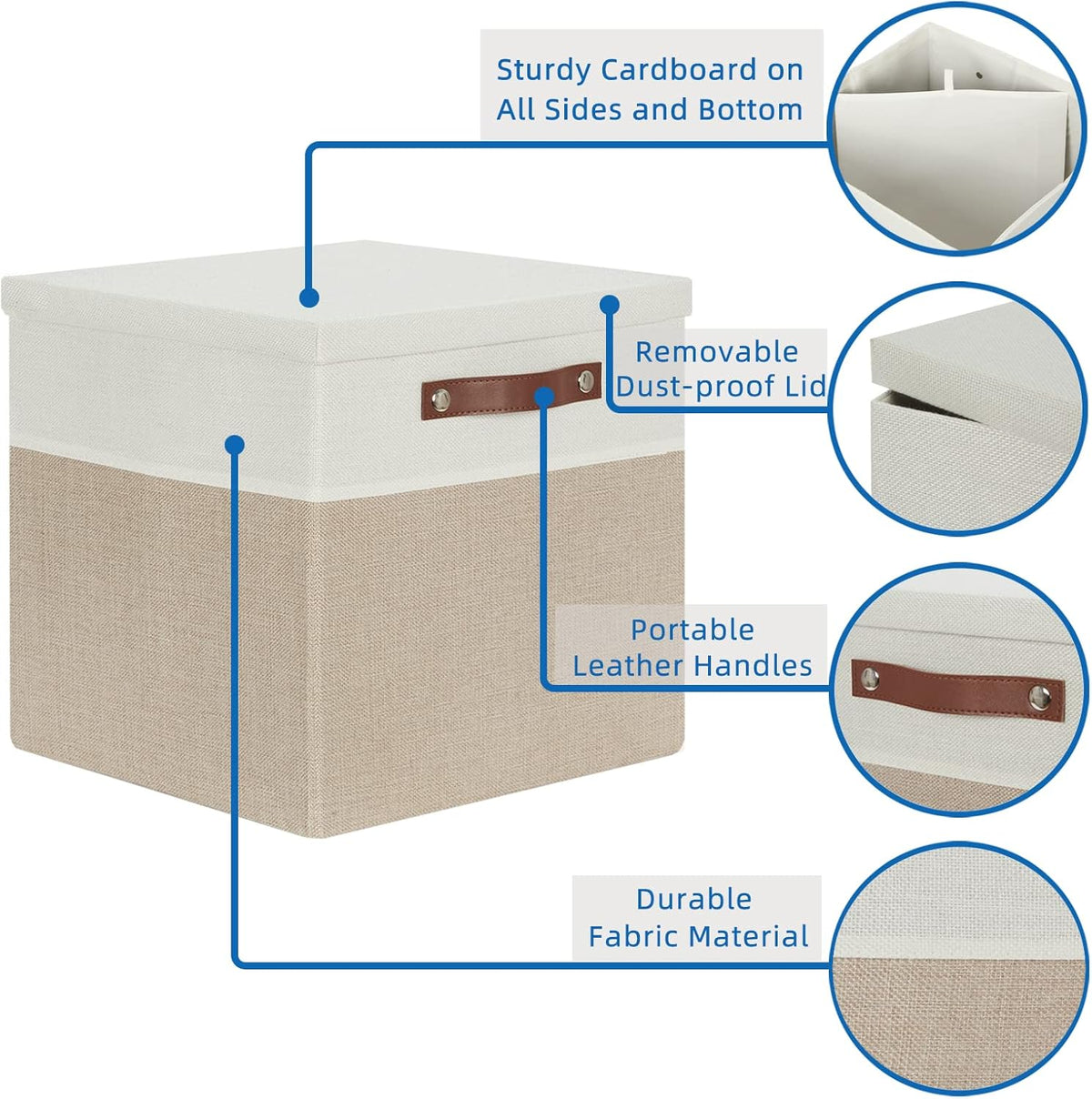 Temary Fabric Storage Bins with Lids 13 Inch Storage Cubes with Lid, Decorative Foldable Storage Boxes for Clothes, Closet Organizers (White&Khaki, 13x13x13inch)