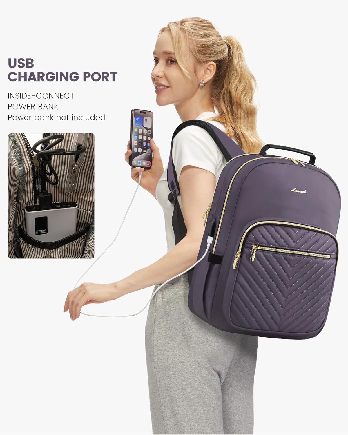 LOVEVOOK Laptop Backpack for Women, Large Capacity Travel Computer Work Bag with 17-inch Laptop Compartment, Business Nurse Backpack Purse, Hiking Outdoor Carry On Backpack, Purple Grey