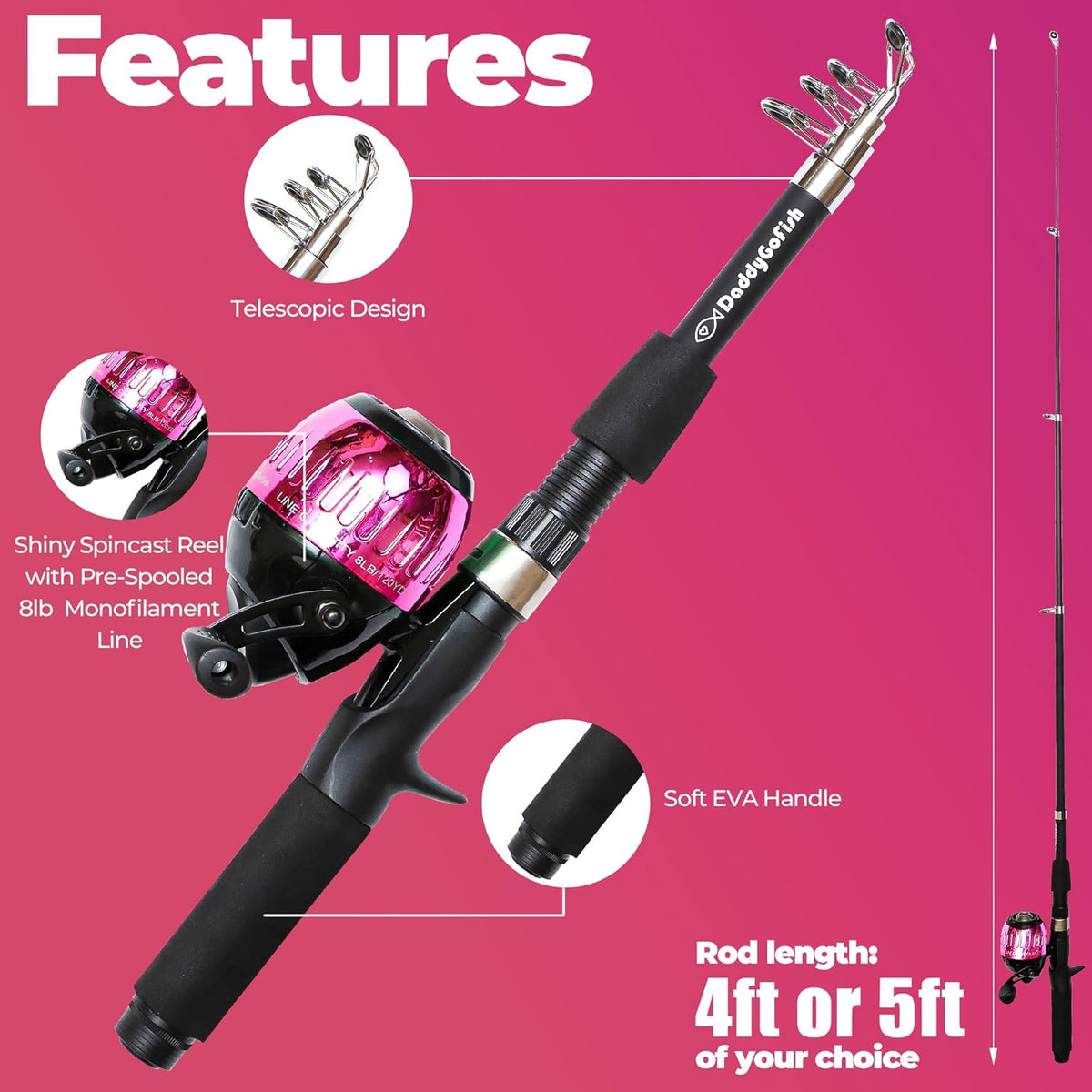 DaddyGoFish Kids Fishing Pole - Rod Reel Combo Tackle Box Starter Set - First Year Small Dock Gear Kit for Boys Girls Toddler Youth Age Beginner Little Children Junior Anglers Older Kids