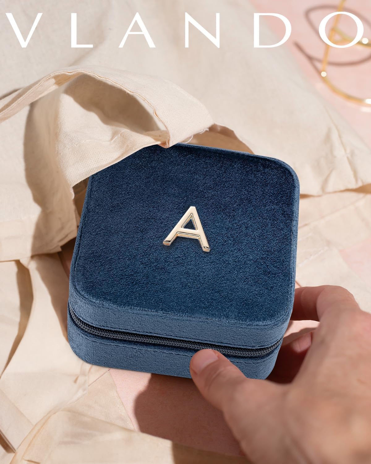 Vlando Travel Gifts 2025, Travel Jewelry Case for Girl Women, A Initial Jewelry Case, Mini Jewelry Travel Organizer Travel Essentials Gifts for Friend Teen Girls - Letter A, Dark Blue