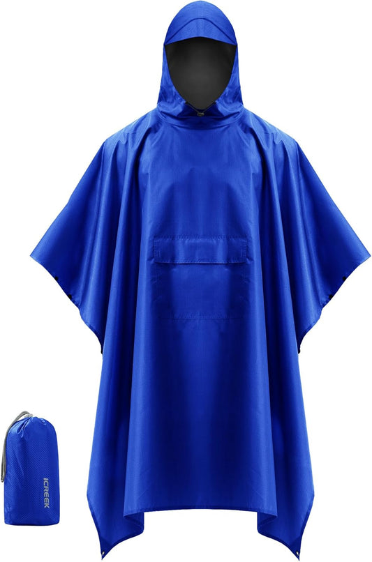 iCreek Hooded Rain Poncho with Pocket Waterproof Lightweight Unisex Raincoat Jacket for Hiking, Camping, Outdoor