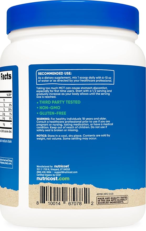 Nutricost Organic MCT Oil Powder 1 LB - Certified USDA Organic, Great for Keto, Ketosis and Ketogenic Diets - Zero Net Carbs (Medium Chain Triglyceride)