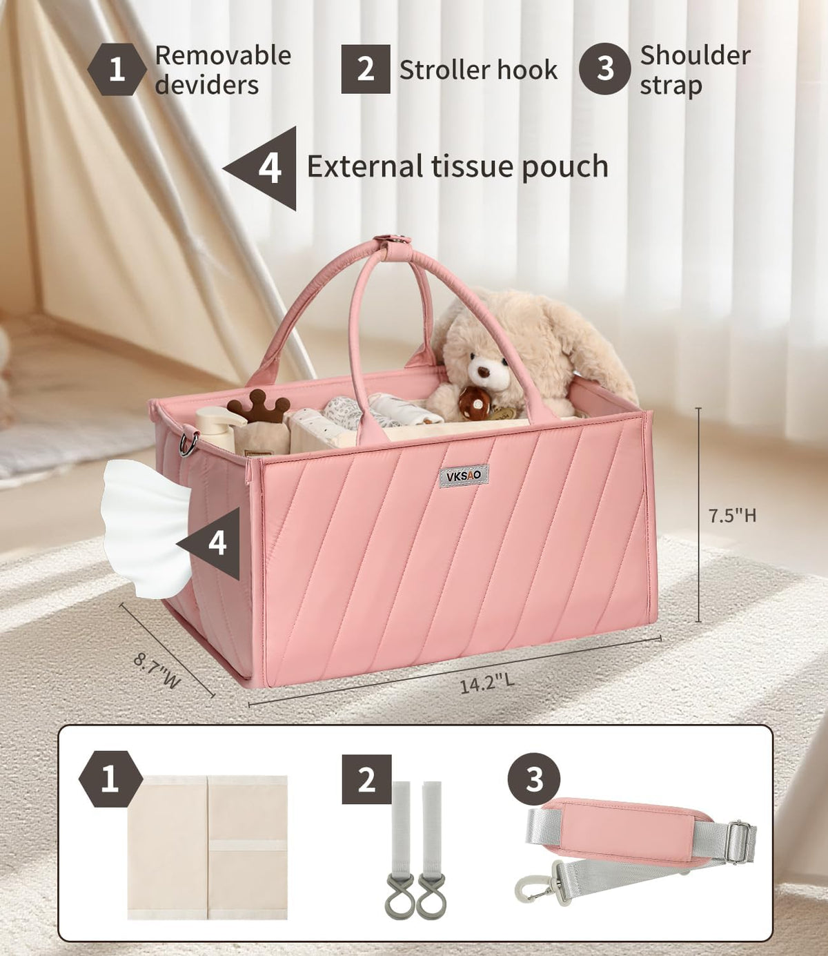 Diaper Caddy Organizer for Baby Essentials – Soft Blush Pink Storage Basket with Compartments, Shoulder Strap & Stroller Hooks – All-in-One Multifunctional Diaper Storage Tote for Nursery & Car