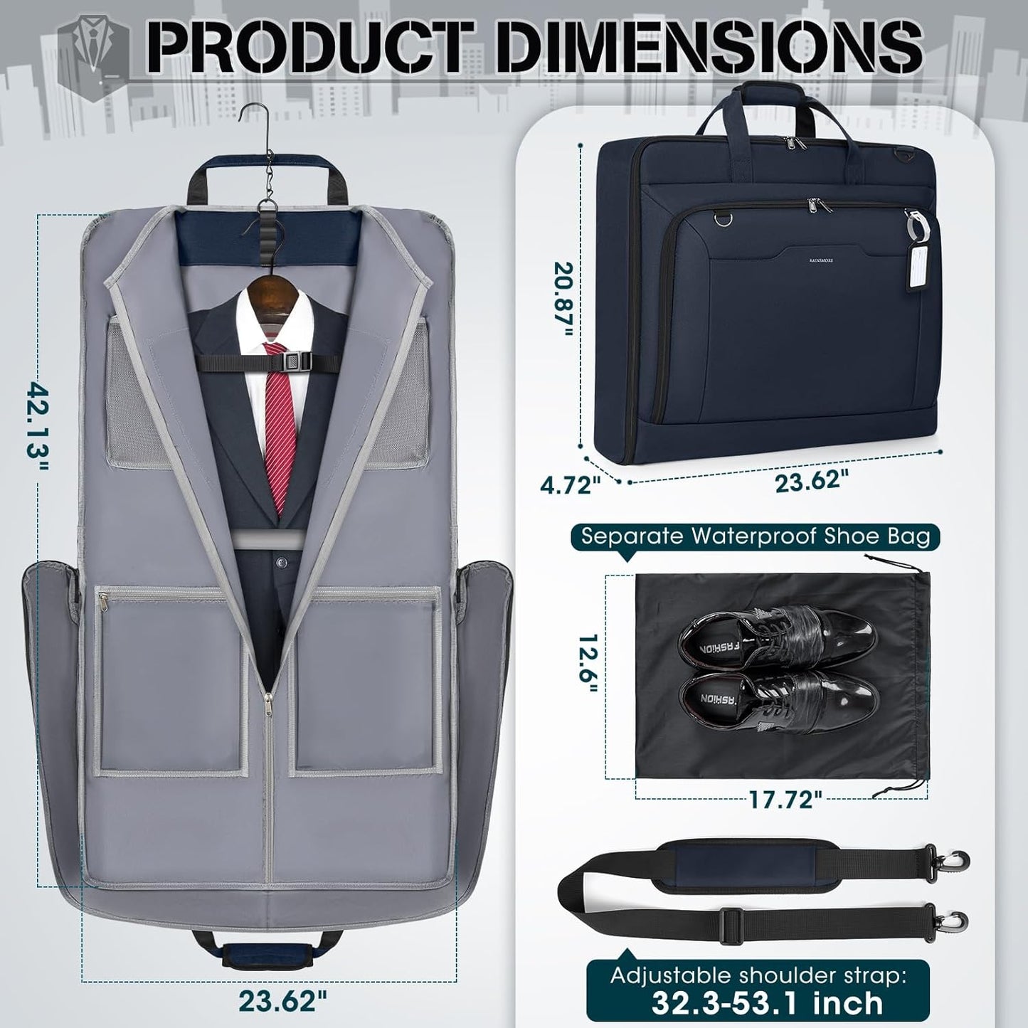 RAINSMORE Garment Bags for Travel Carry On Garment Bag for Hanging Clothes, Suit Bag for Business Trips with Shoes bag & Shoulder Strap, Waterproof Foldable Suit Luggage Bag for Men Women, Blue