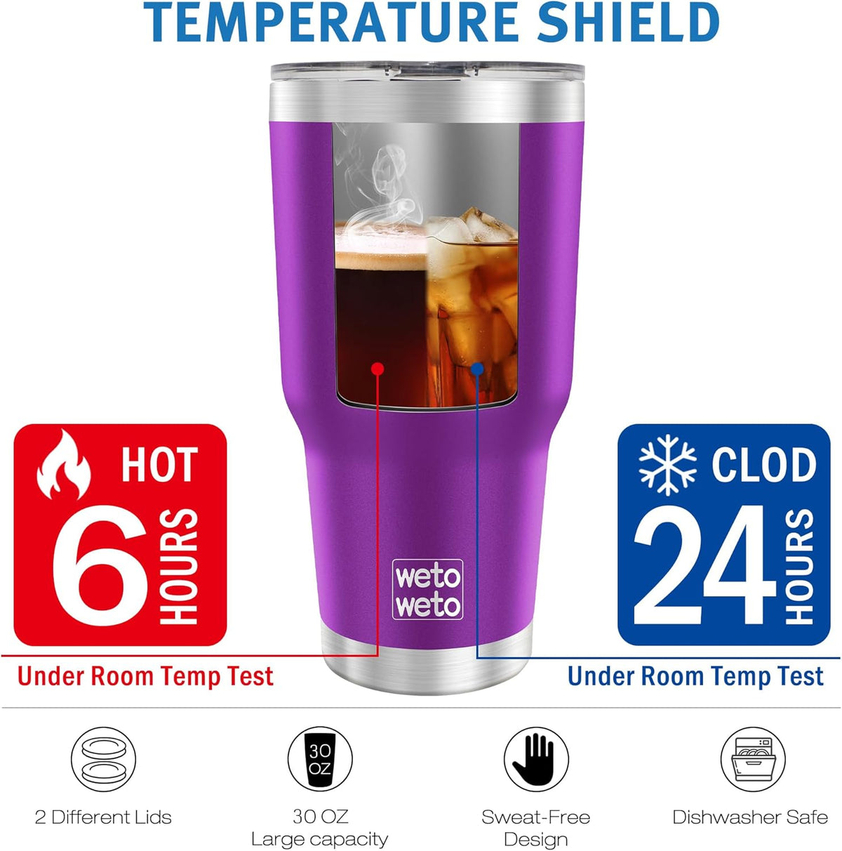 WETOWETO 30oz Tumbler, Stainless Steel Vacuum Insulated Water Coffee Tumbler Cup, Double Wall Powder Coated Spill-Proof Travel Mug Thermal Cup for Home Outdoor (Purple, 1 Pack)