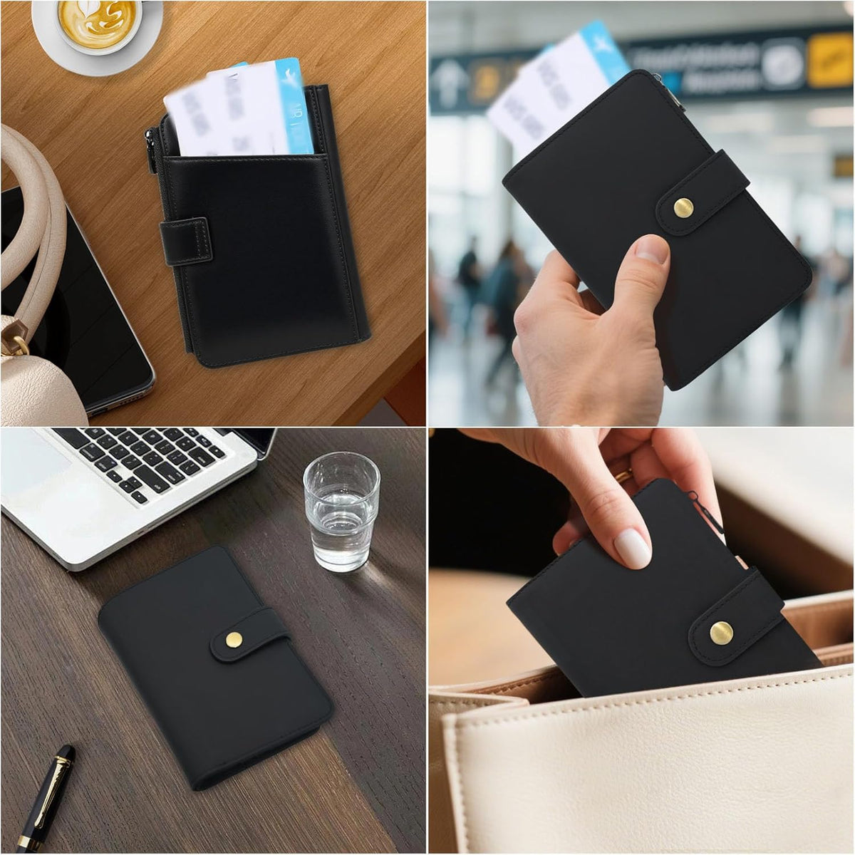 Full Grain Leather Passport Wallet, RFID Blocking Passport Holder with AirTag Slot, Multi Compartment Travel Wallet for Women & Men, Secure Passport Cover Case for Airport Essentials (Black)