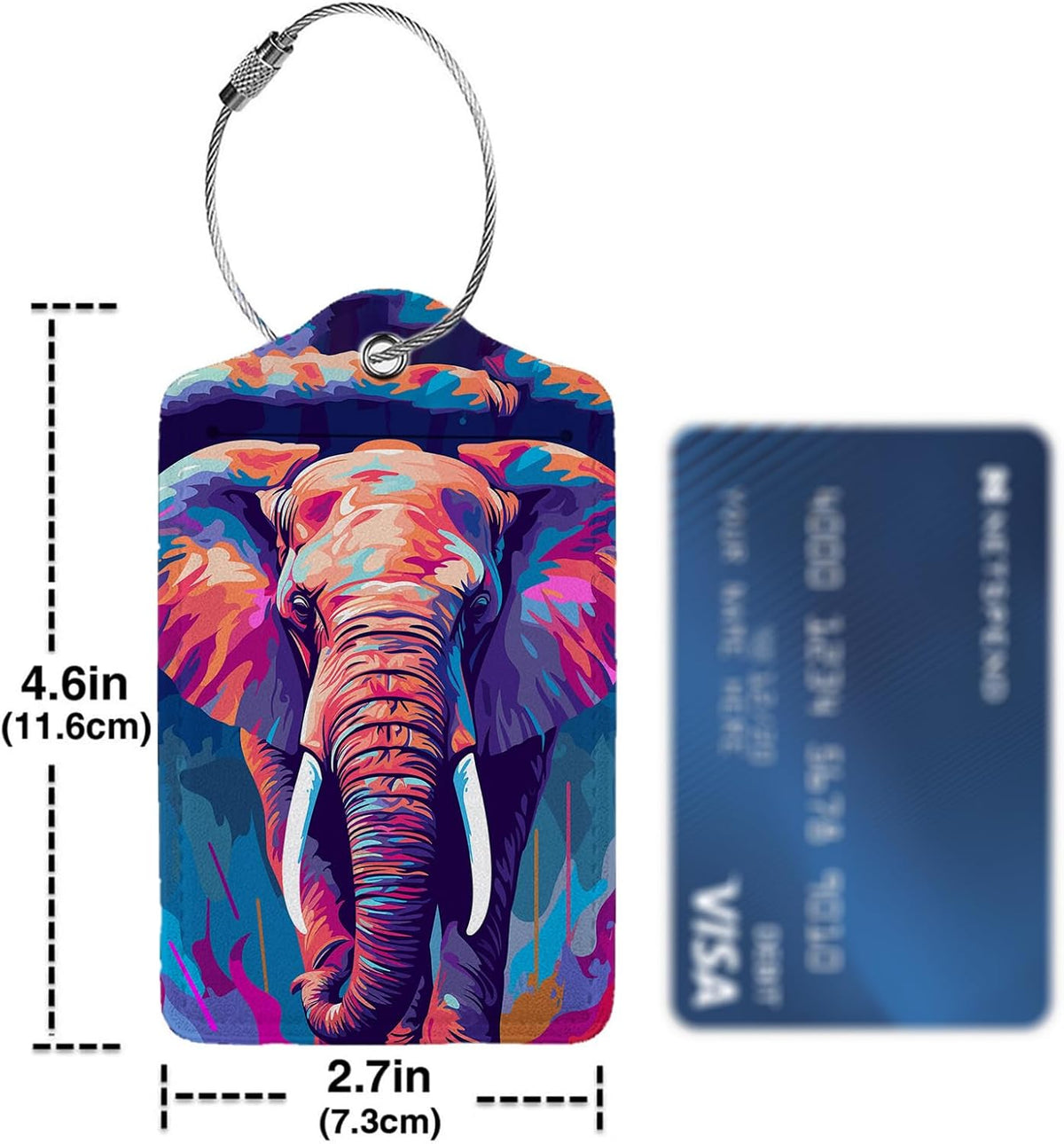 Colorful Elephant 2 Pcs Luggage Tags,Privacy Cover ID Label with Stainless Steel Loop and Address Card for Travel Bag Suitcase
