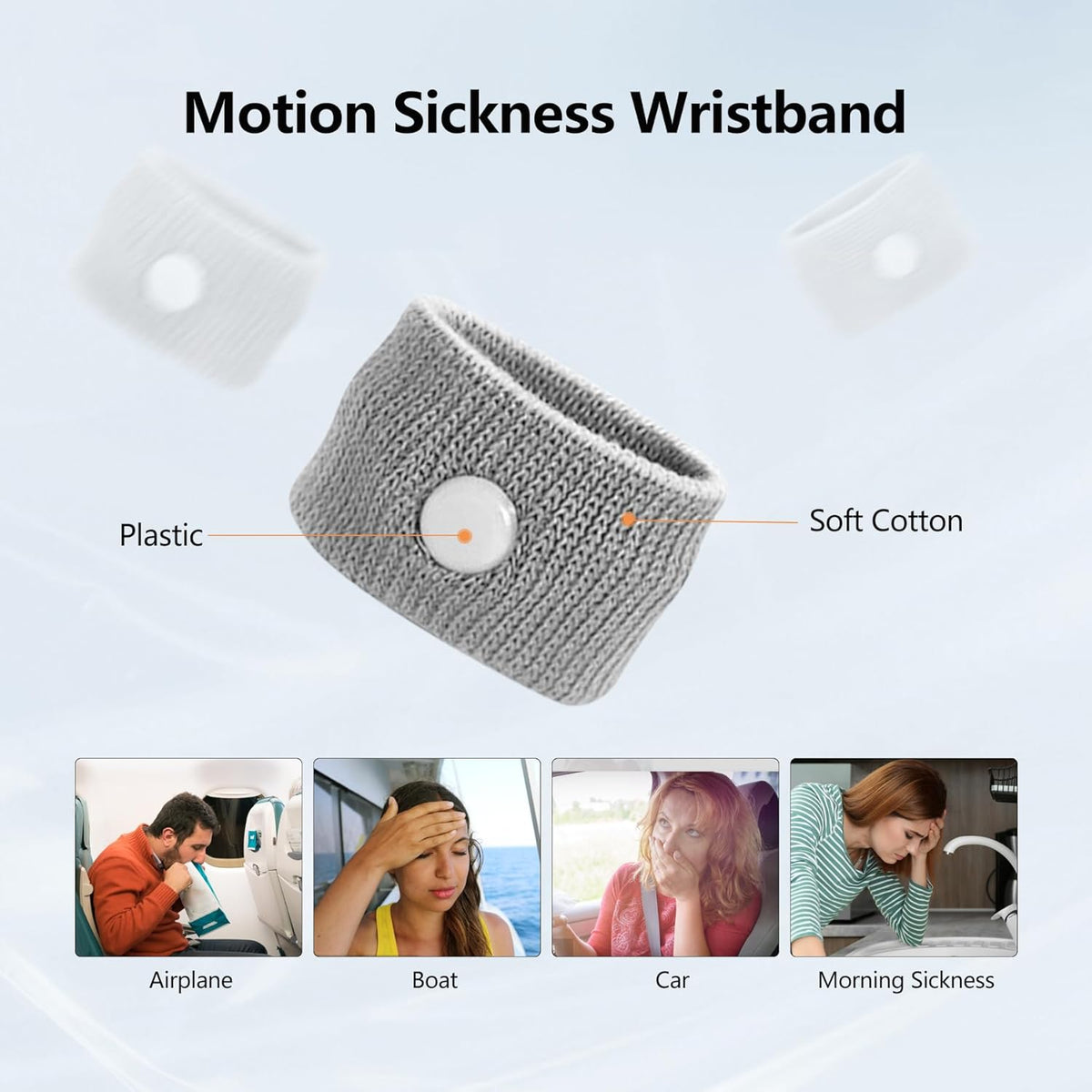 Motion Sickness Wristband, Anti-Nausea Acupressure Wrist Band for Nausea Relief, Dizziness and Vomiting from Car Sea Boat Flying Travel Sickness for Adults and Kids (Grey, Large, 2 Pairs)
