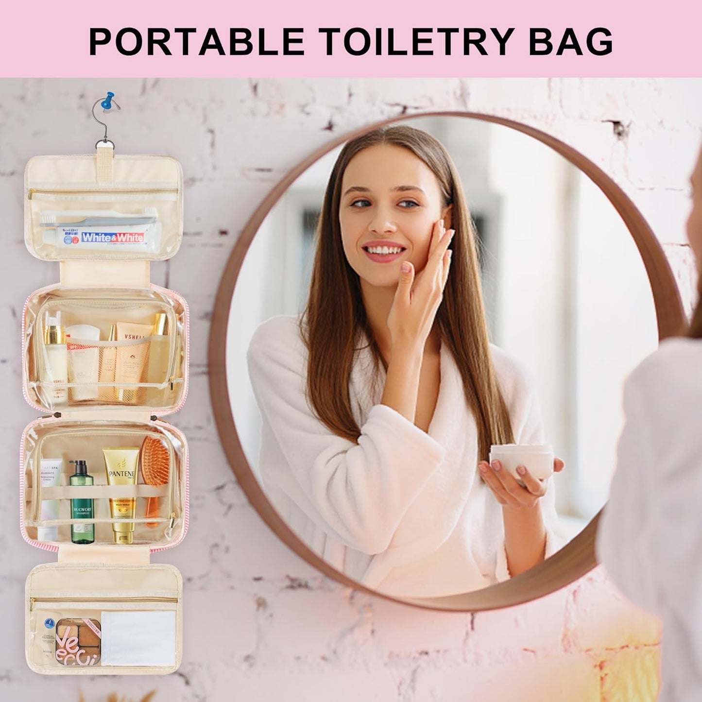 TOPEAST Travel Toiletry Bag for Women - Hanging Toiletry Bag, Personalized Initial Toiletry Bags for Traveling Women, Portable Travel Toiletry Bag for Toiletries, Cosmetics - Letter H,Pink