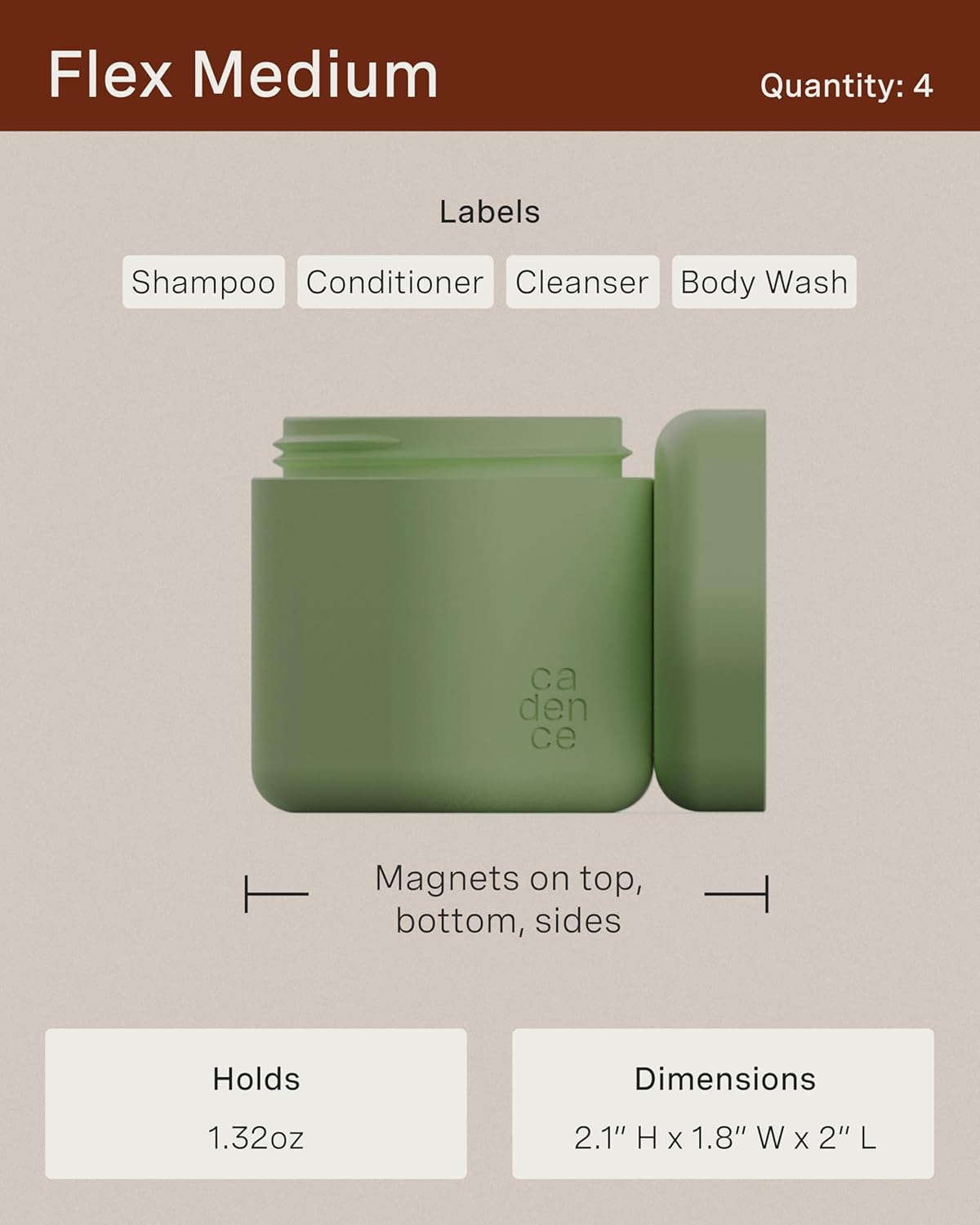 Cadence Travel Containers - Daily Routine Capsule Set - Magnetic Containers with Lids,4 Flex Mediums (1.32oz) & 3 Flex Smalls (0.56oz) - Shampoo, Conditioner, Body Wash, Pills, & More - Petal