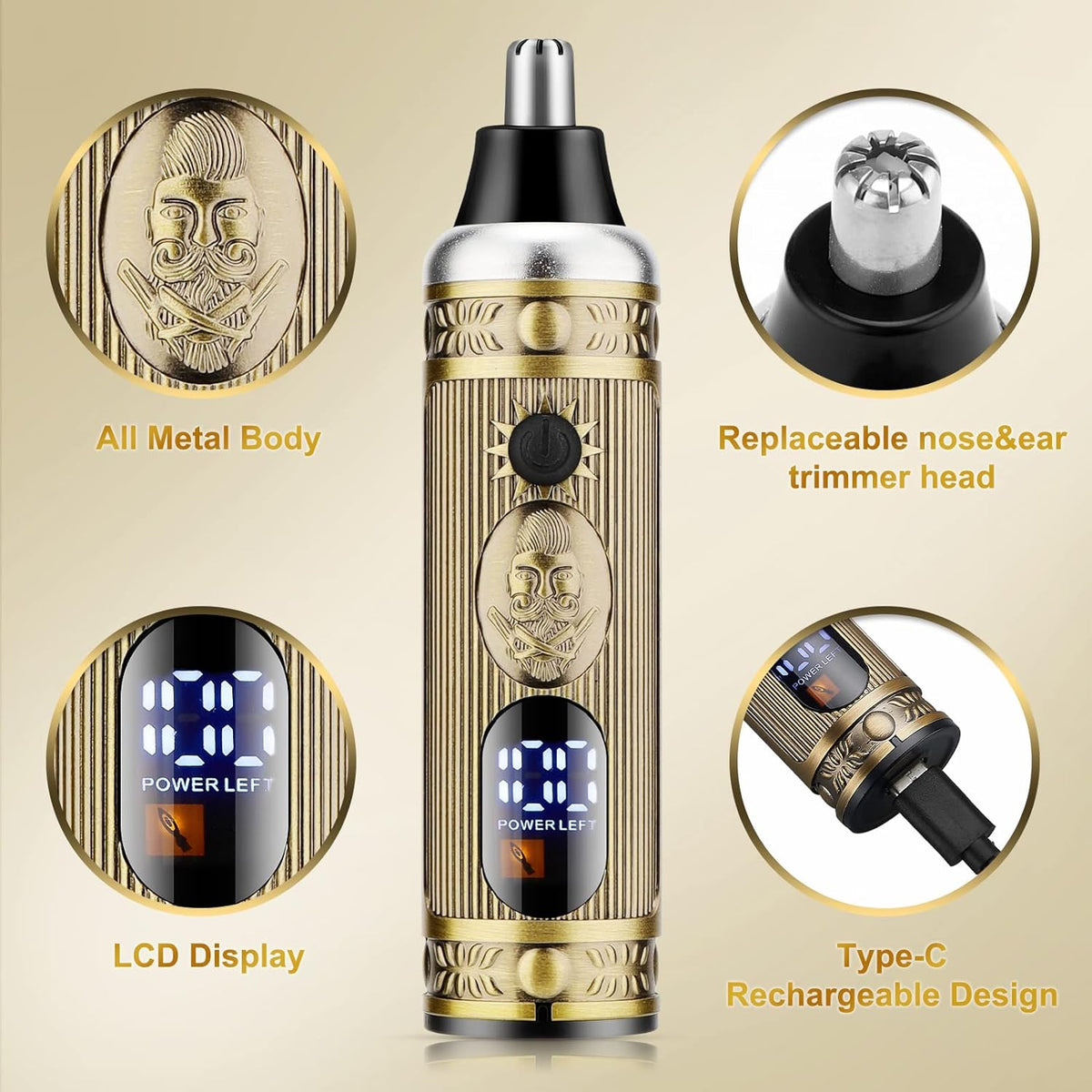 Hair Clippers for Men,Professional Cordless Barber Trimmer Set,Nose and Ear Hair Trimmer with Razor Replacement Head,USB Rechargeable Hair Cutting Grooming Kit-LED Display (Gold-1)
