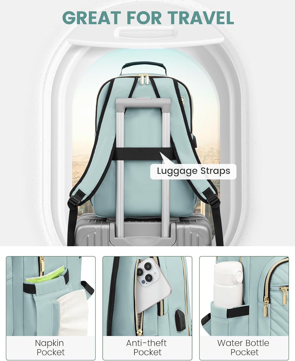 LOVEVOOK Laptop Backpack Purse for Women, Work Travel Computer Bags, College School Backpack for Student Girl, Quilted Casual Daypack with USB Port, Fit 15.6 Inch Laptop, Mint Green