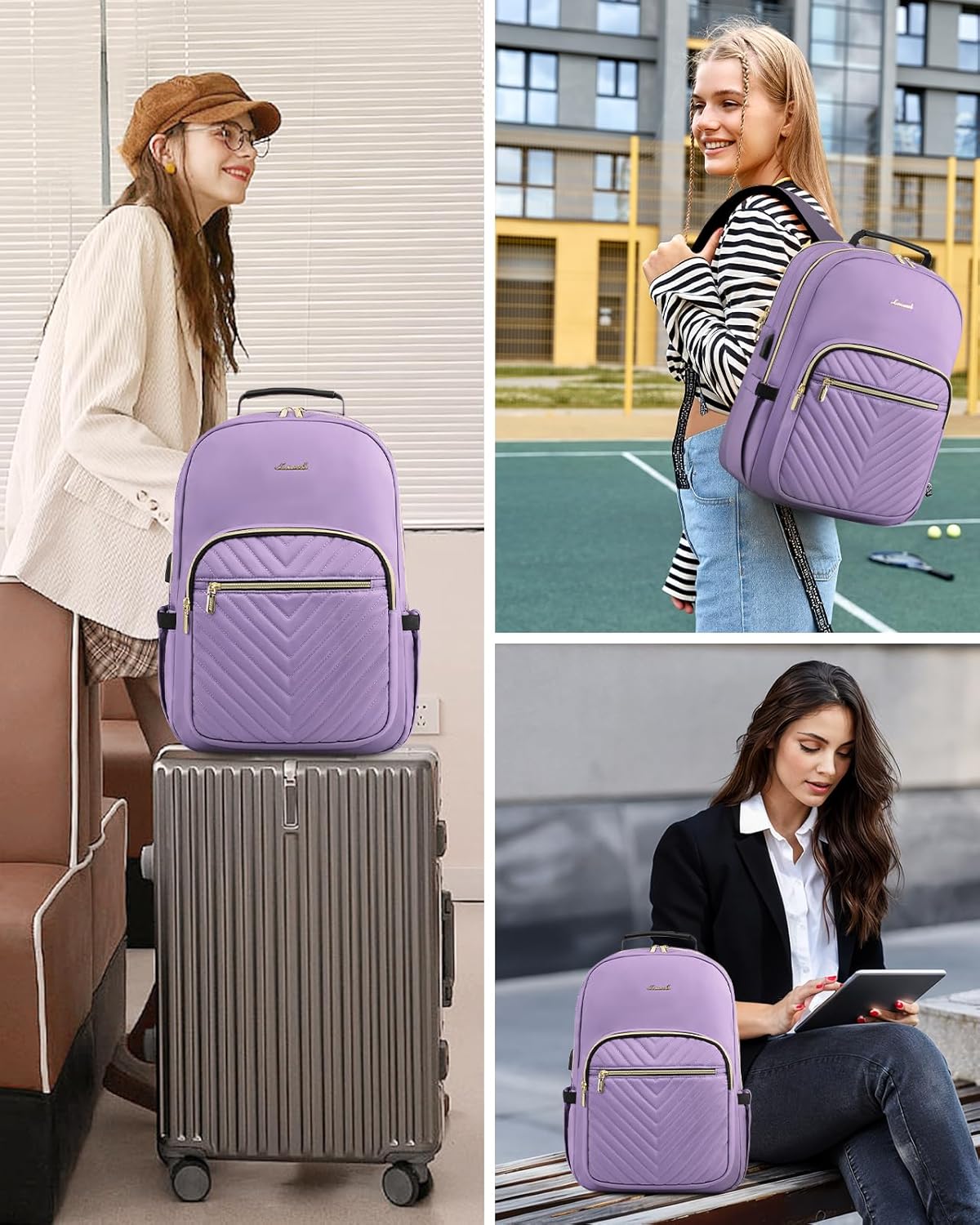 LOVEVOOK Laptop Backpack Purse for Women, Work Travel Computer Bags, College School Backpack for Student Girl, Quilted Casual Daypack with USB Port, Fit 15.6 Inch Laptop, Purple