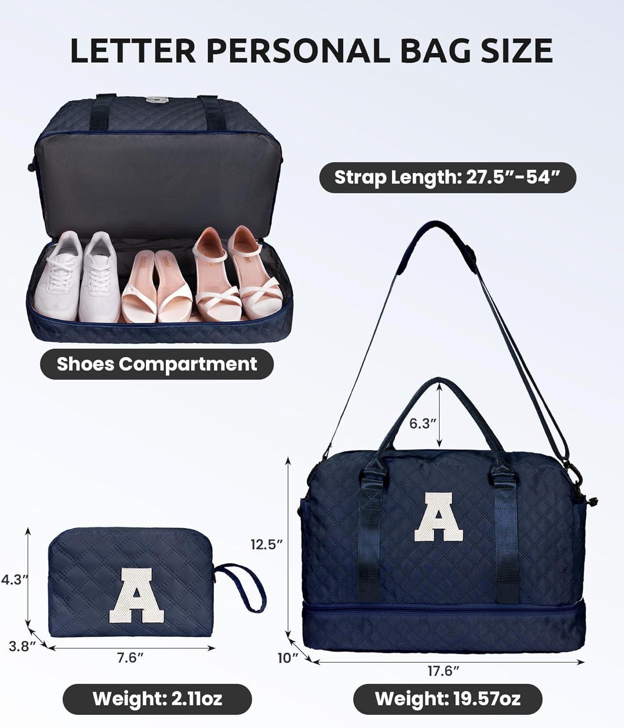 Personalized Gifts-Initial Duffle Bag with Shoe Compartment, Personalized Weekender Bag, Monogram Overnight Bag, Letter Travel Bag with Makeup Bag，Birthday Gift for Women Girl (Letter L)