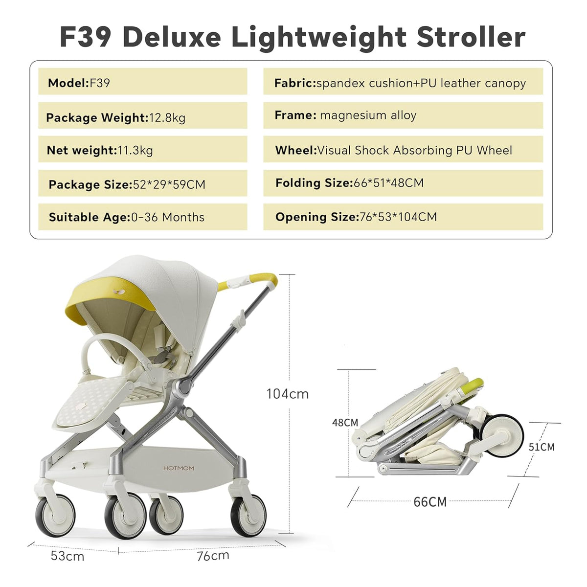 Hot Mom Lightweight Baby Stroller, Intelligent Seat Reversing and Anti-Shock Tire Combine Baby Pushchair, Newborn to Toddler's Baby Stroller,White