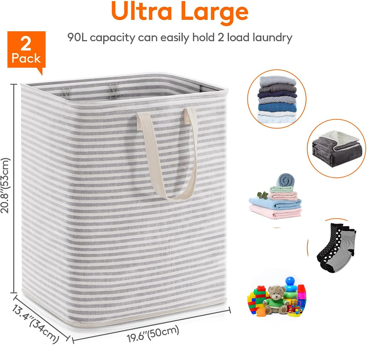 Lifewit 2 Pack Laundry Hamper Large Collapsible Laundry Baskets, Freestanding Waterproof Clothes Hamper with Easy Carry Handles in Laundry Room Bedroom Bathroom College Dorm for Adults, Grey, 2 x 90L
