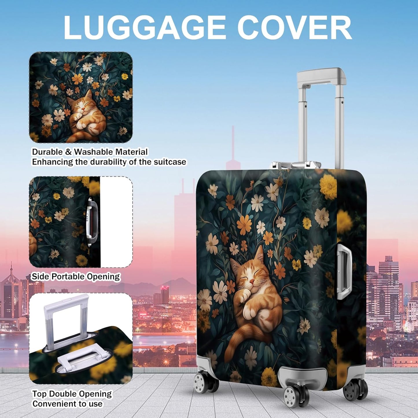 ANNA QUEEN Peaceful Cat Luggage Cover, Sleeping Cat with Floral Design, Stretchable, Washable Travel Sleeve for 20-22 Inch Luggage