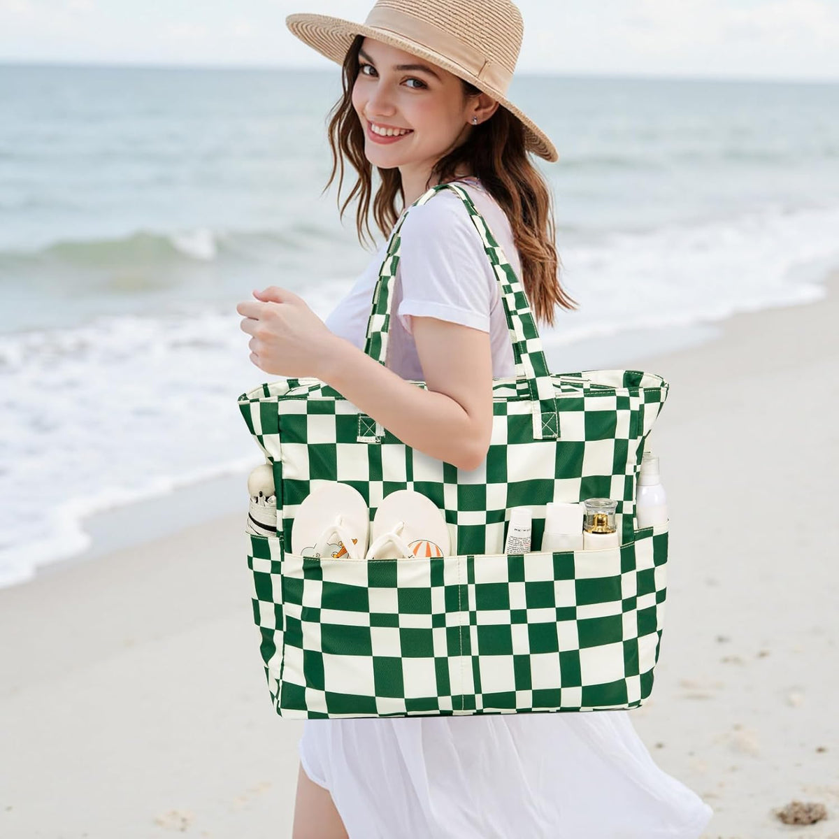 Waterproof Beach Tote Pool Bags for Women Ladies Extra Large Gym Tote Carry On Bag With Wet Compartment for Weekender Travel