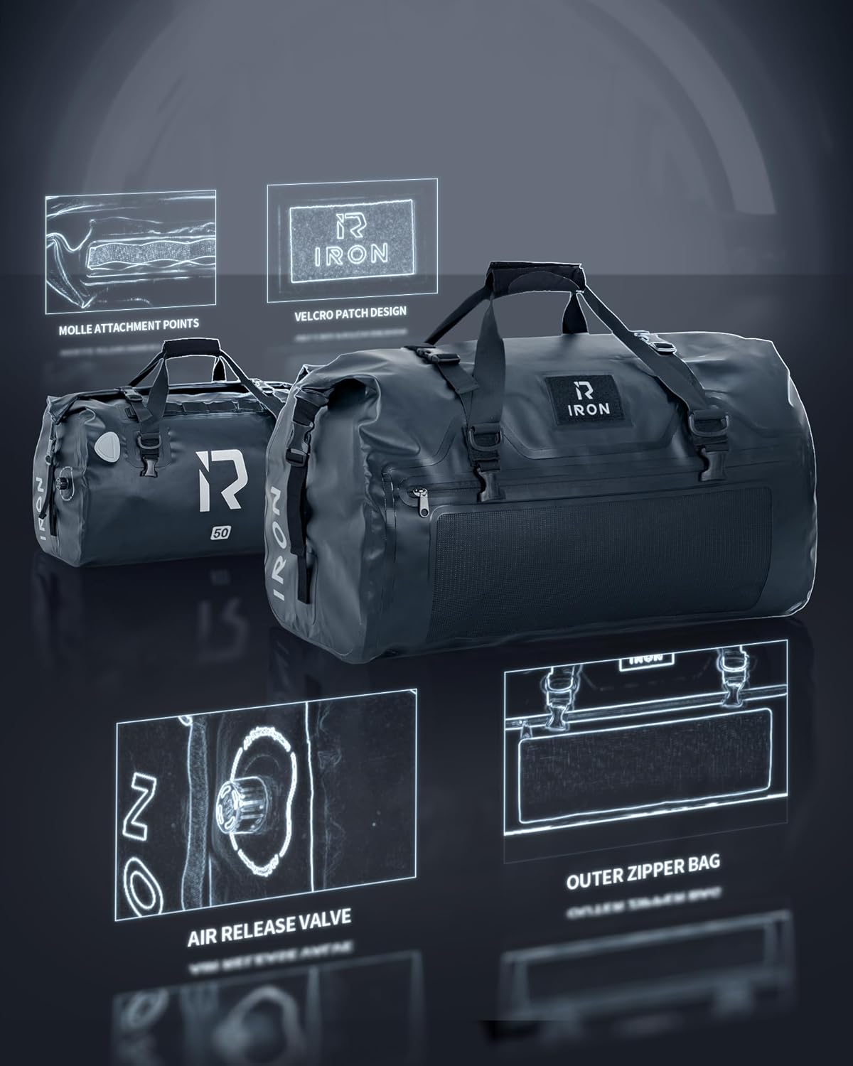 IRON JIA'S Motorcycle Dry Bag - Waterproof Duffle & Luggage Tail Bag Saddle Bags with Roll Top Closure, Shoulder Straps, Inner Pocket and Mesh Pocket (Black, 50L)